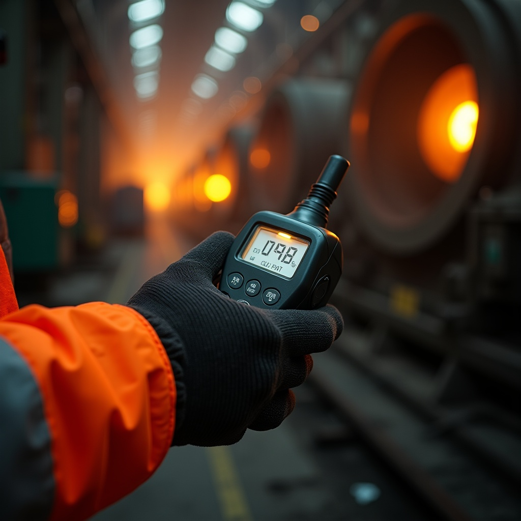 Técnico de segurança medindo o nível de ruído com decibelímetro dentro de uma planta industrial
