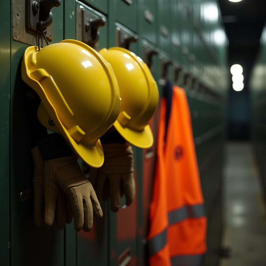 Capacete de segurança amarelo, luvas de proteção e colete refletivo pendurados em vestiário de fábrica