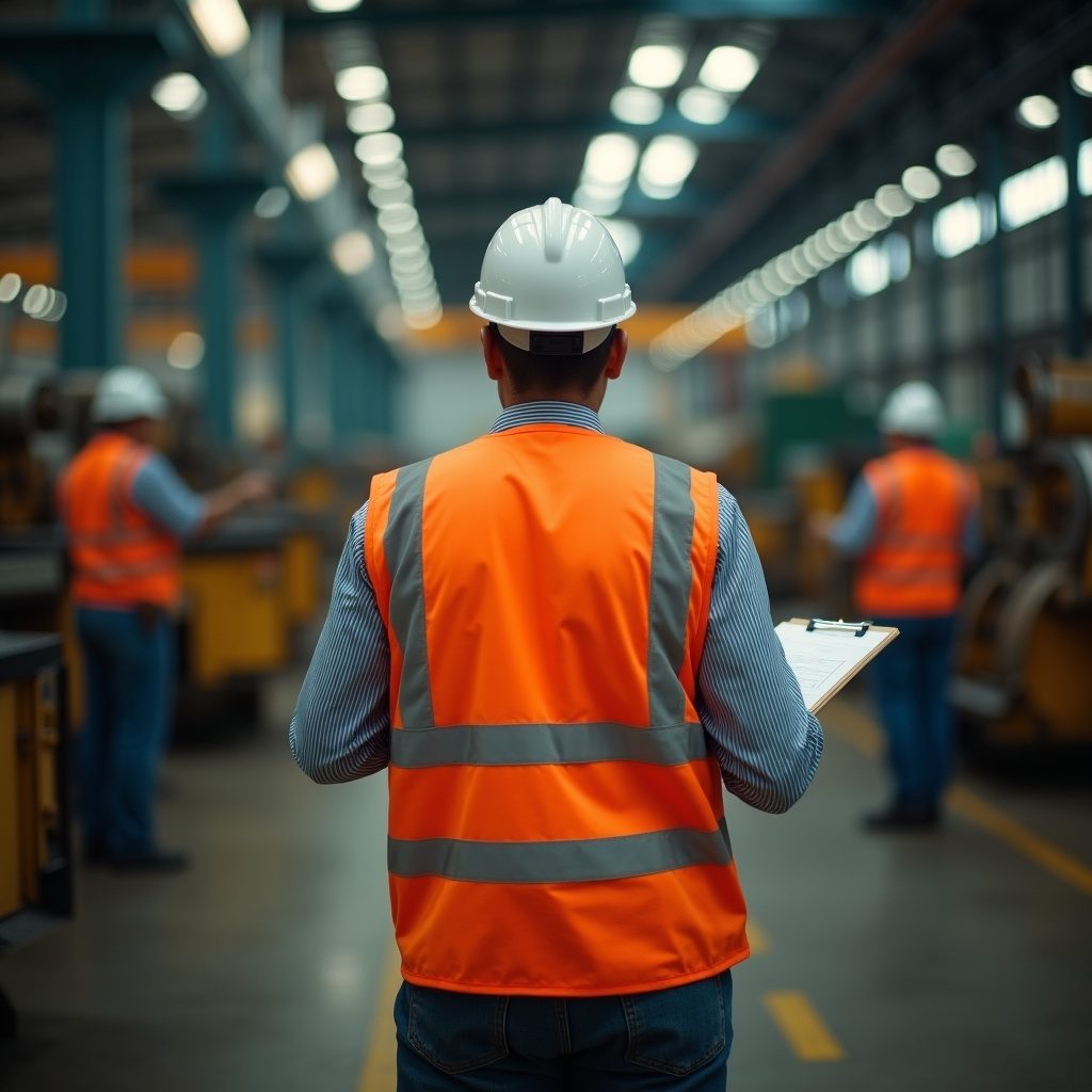 Técnico de segurança visto de costas, com colete refletivo e prancheta, durante visita a planta industrial